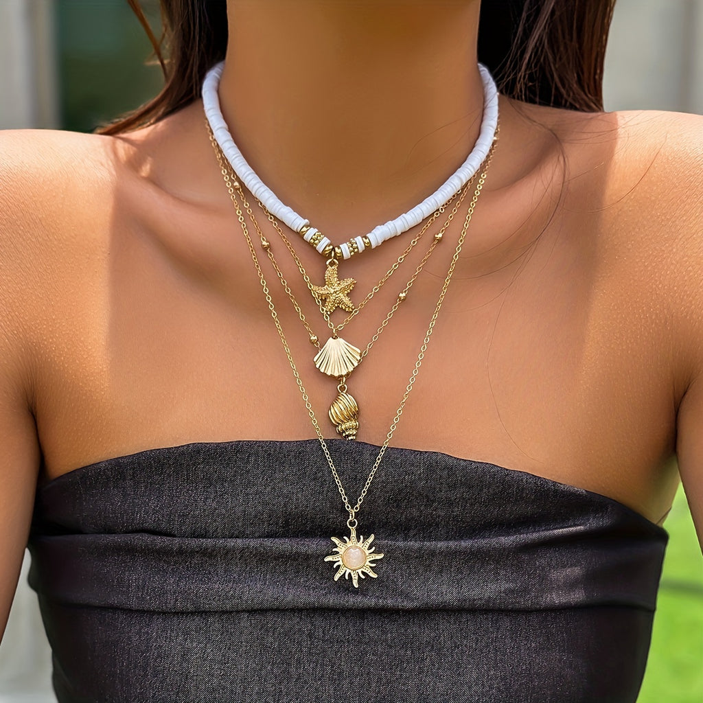 4pcs/Set Retro Exaggerated Soft Pottery Pendant Sunflower Starfish Multilayer Stacking Necklace