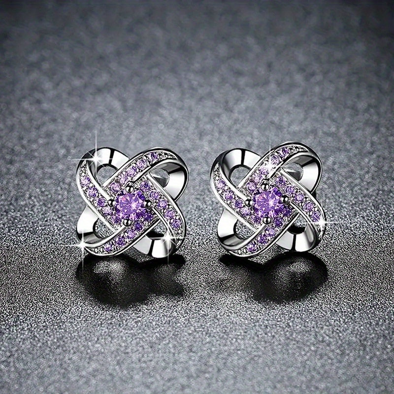 Hollow Silvery Stud Earrings With Purple Shiny Zircon Decor Retro Bohemian Style Zinc Alloy Silver Plated Jewelry Daily Casual