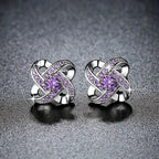 Hollow Silvery Stud Earrings With Purple Shiny Zircon Decor Retro Bohemian Style Zinc Alloy Silver Plated Jewelry Daily Casual