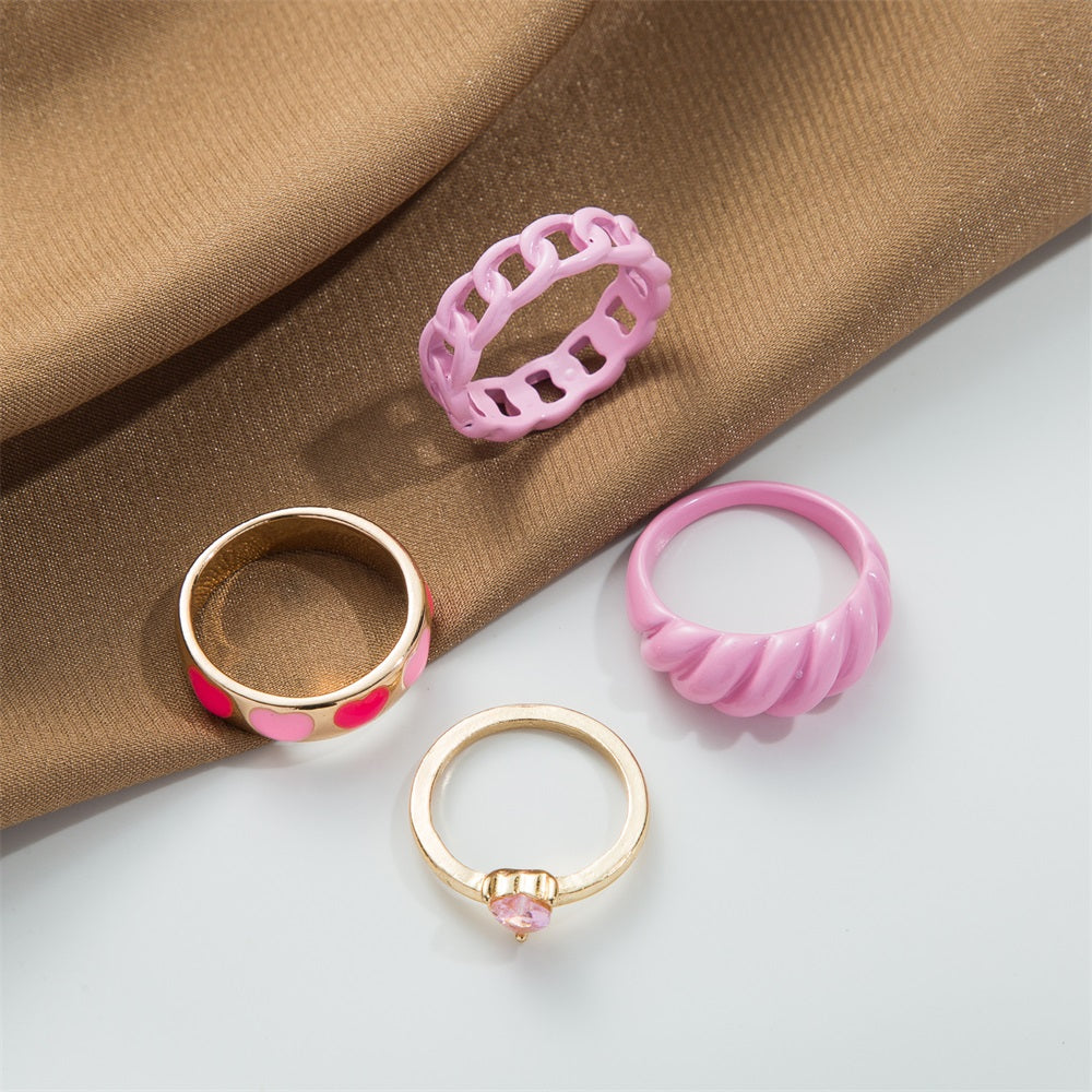 Pink Heart Rhinestone Ring 4pack