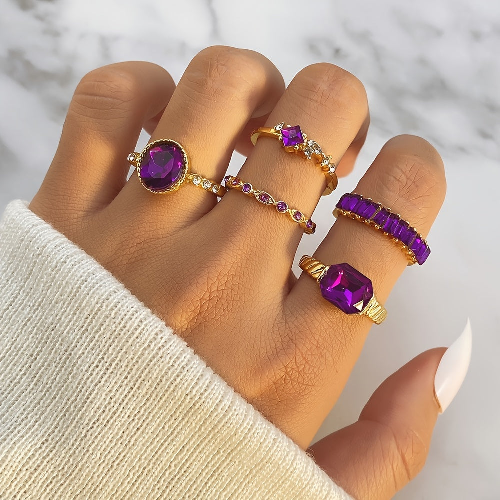 Vintage Versatile Faux Amethyst Rhinestone Knuckle Rings Set - 5pcs in Different Sizes, Perfect Birthday Gift