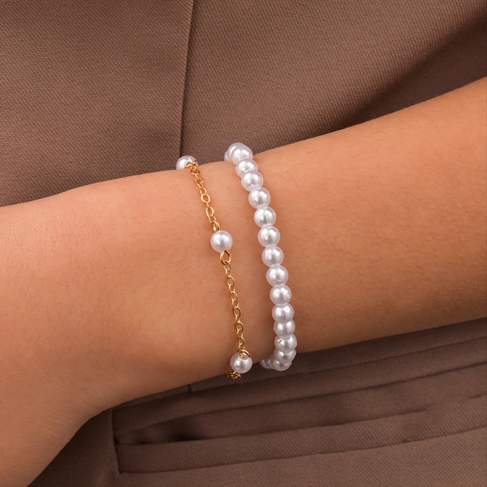 Vintage Adjustable Bracelet Set Faux Pearls Beads Sweet Hand Jewelry Set 2 Pcs Bracelet For Women