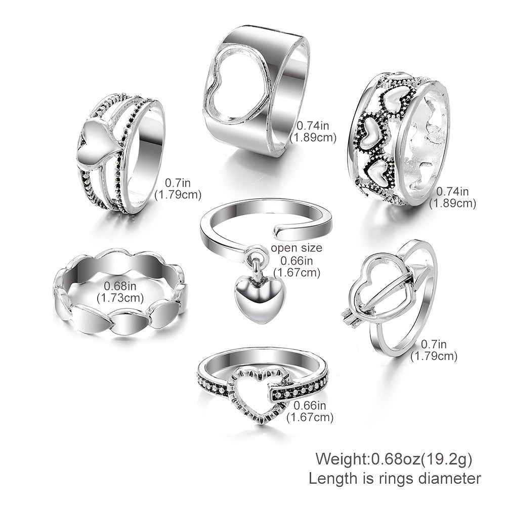 Complete Your Look with 7pcs Vintage Silver Color Hollow Love Pendant Women's Joint Ring Set