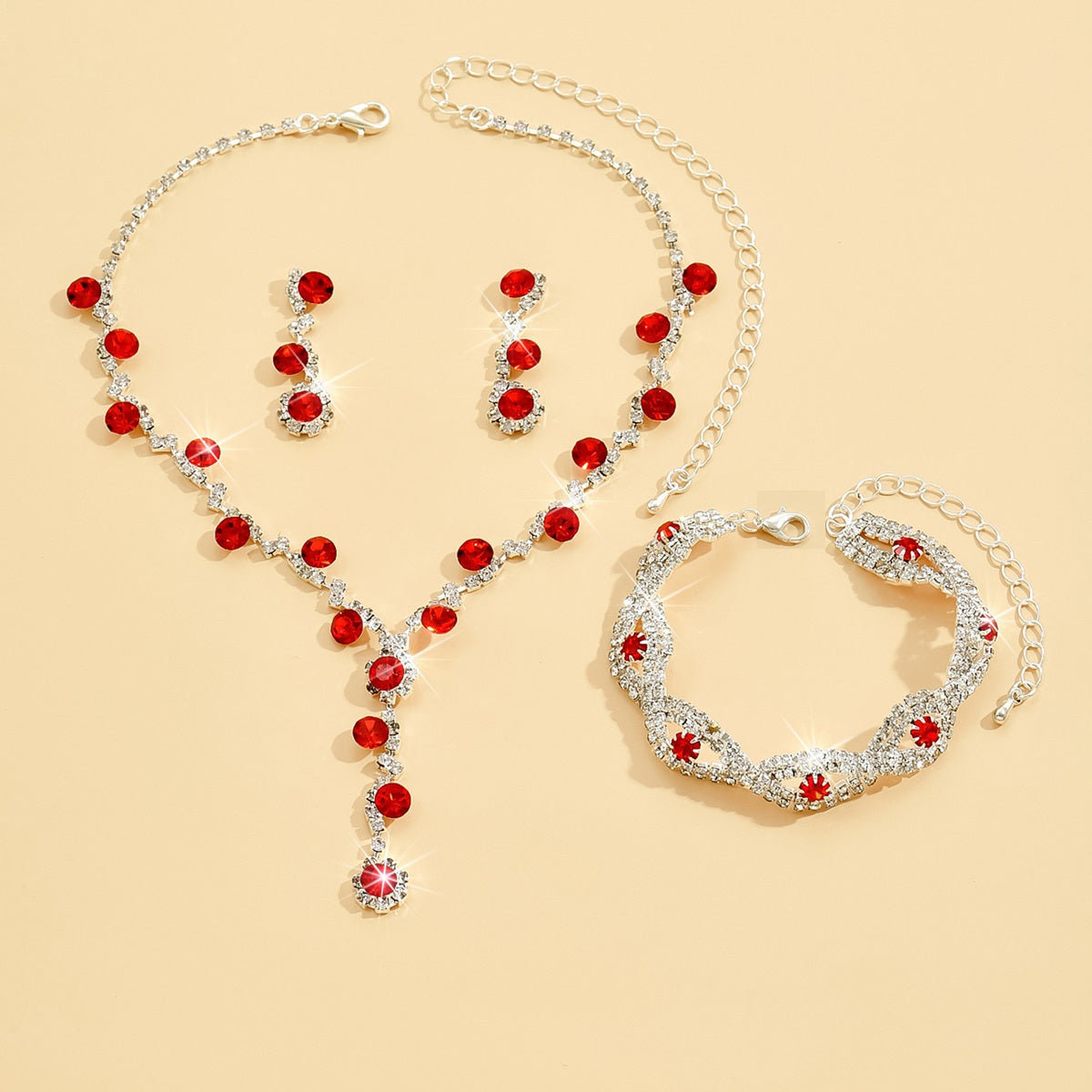 4pcs Necklace Earrings Plus Bracelet Elegant Jewelry Set Silver Plated Inlaid Rhinestone Intertwined Design Multi Colors To Choose Party Accessories
