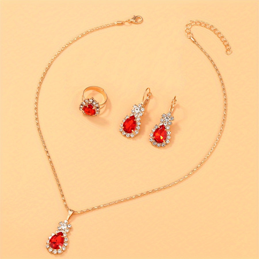 Elegant Water Drop Jewelry Set - Pendant Necklace, Drop Hook Earrings, and Ring with Sparkling Cubic Zirconia Stones - Perfect Wedding Accessories and Gift