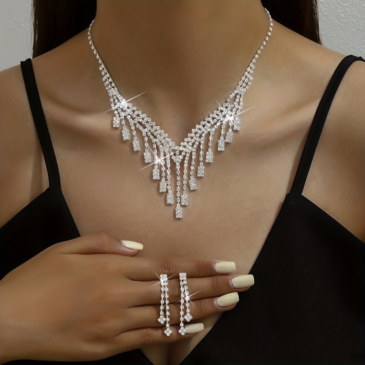 3pcs Elegant Silver Plated Jewelry Set with Rhinestone Inlay and Long Tassel Design for Evening and Cocktail Parties