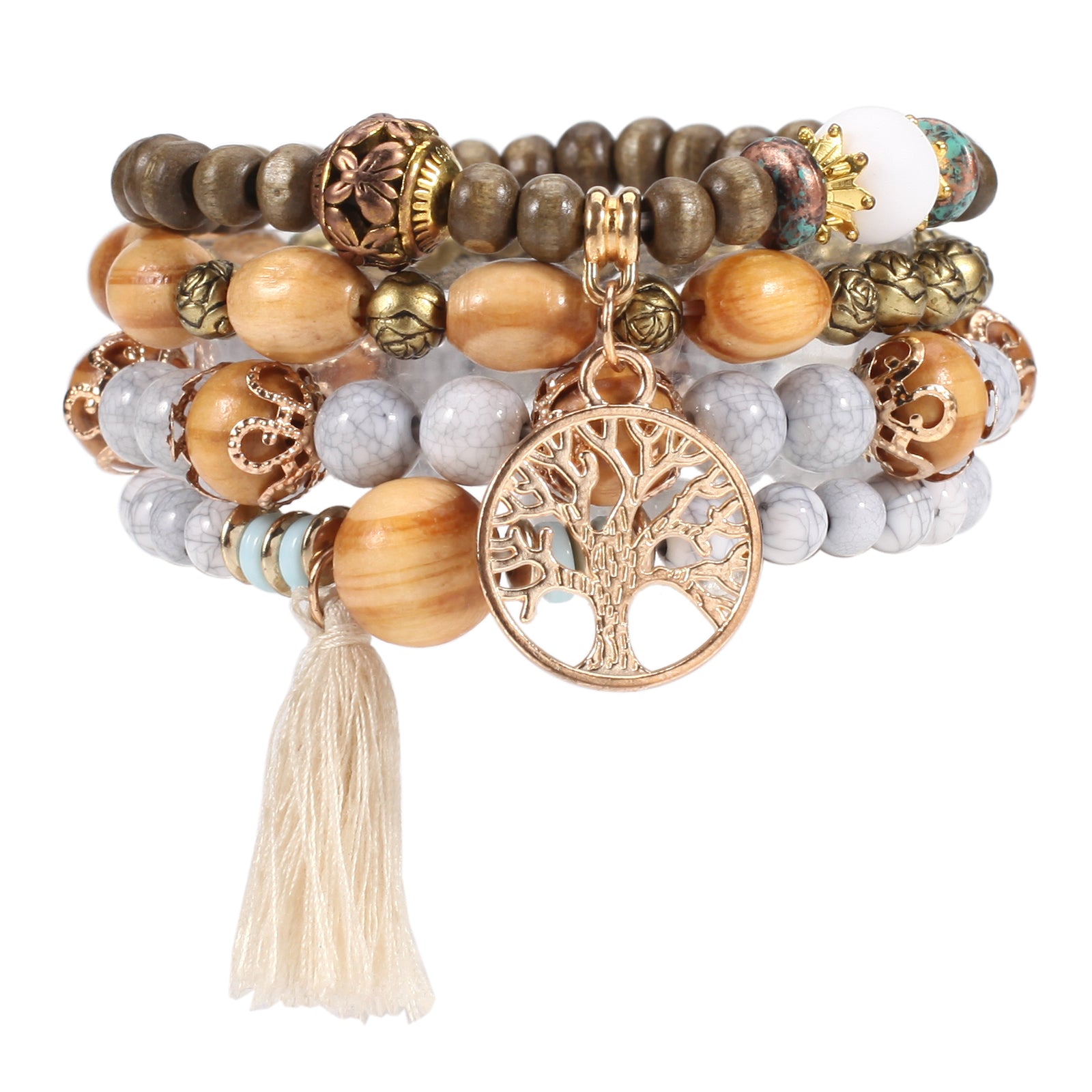 Bohemian Multilayer Beaded Bracelet with Tassel and Tree of Life Pendant - Stackable and Stretchable in Colorful Layers