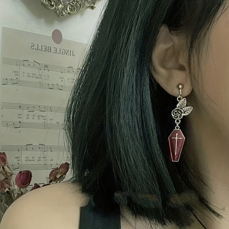 Gothic Rose Death Cross Pendant Ear Studs - Perfect for Halloween Cosplay, Harajuku Hip-hop Street Vintage Aesthetic Jewelry