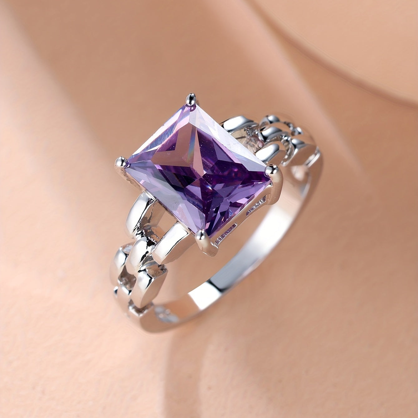 Purple Color Zircon Chain Ring Simple Copper Finger Ring For Women & Girls Daily Wear