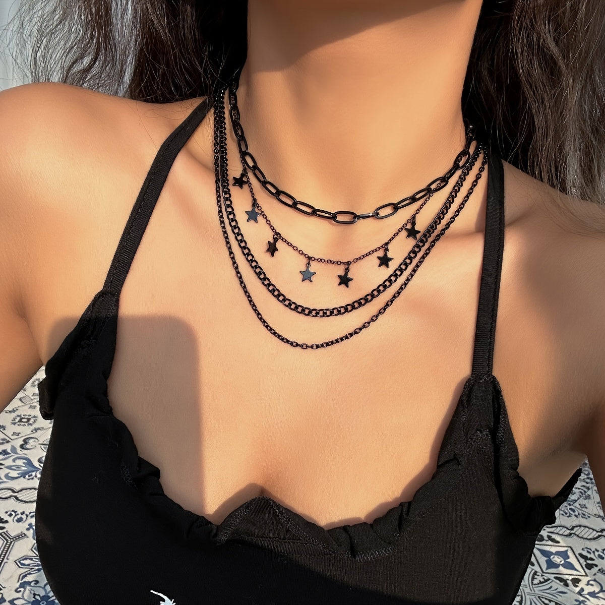 4pcs Gothic Black Star Element Pendant Tassel Hip Hop Retro Chain Necklace Set Party Jewelry For Women