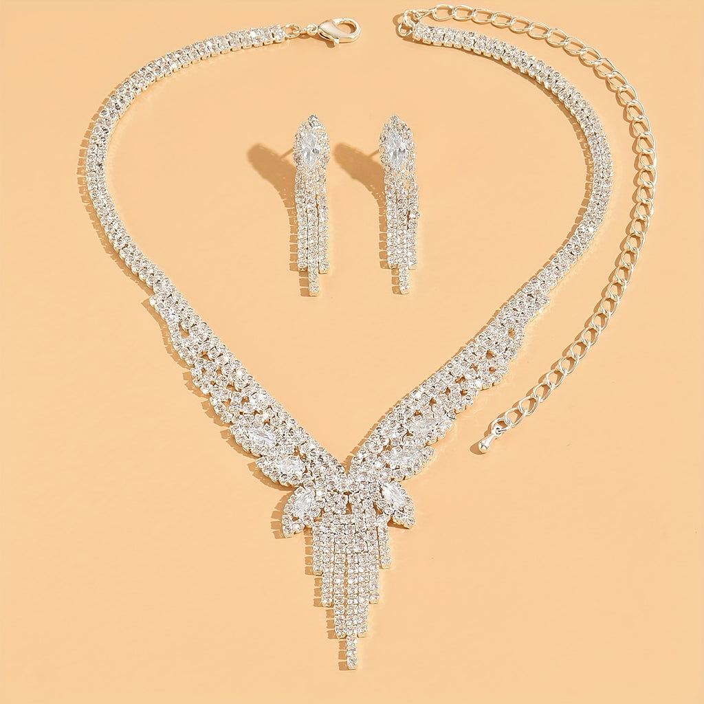 Elegant Rhinestone Necklace and Earrings Set for Weddings and Parties - Silver Plated Clavicle Chain Jewelry Set