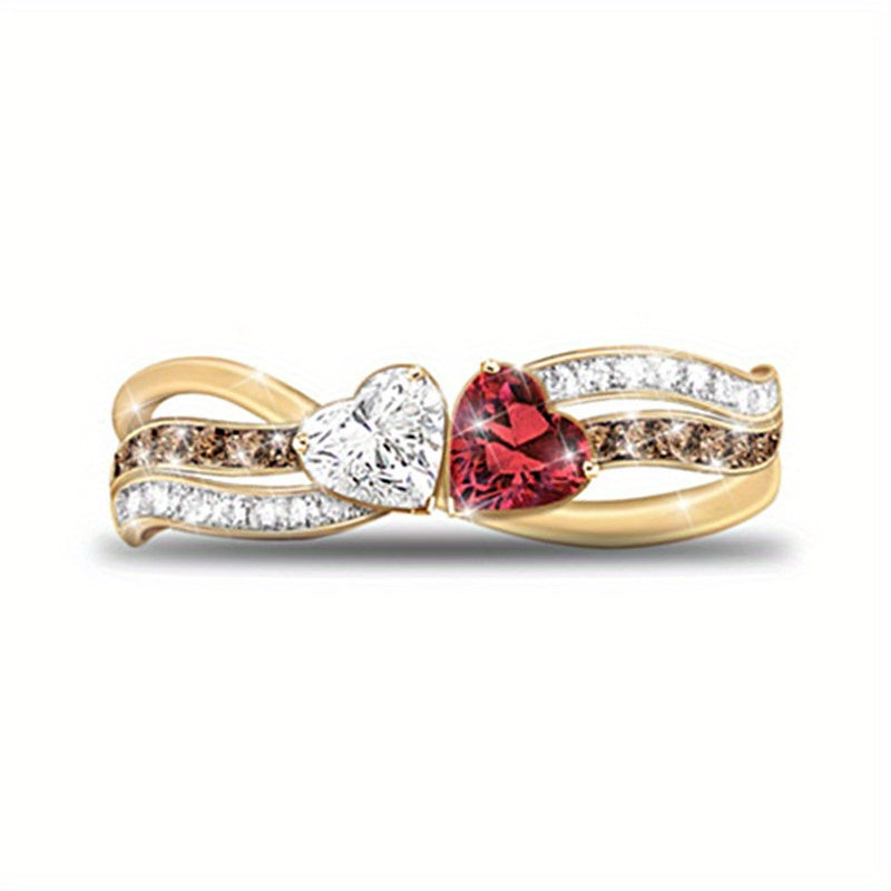 Double Heart Shiny Promise Ring - 14K Gold Plated Wedding Band or Engagement Jewelry, Perfect for Valentine's Day Gift