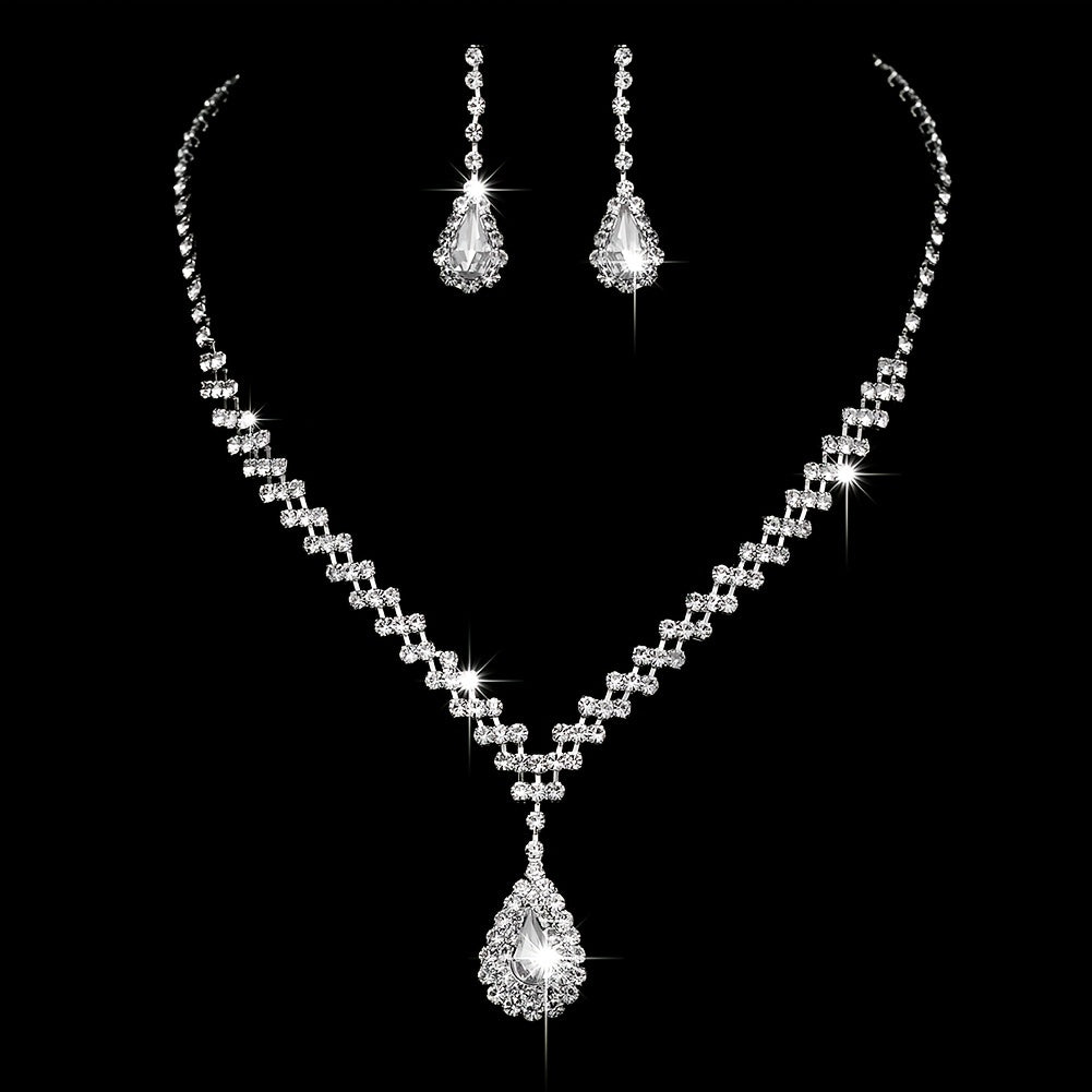 Teardrop Zircon Necklace Earrings 2pcs Set Silver Plated Birthstone Wedding Engagement For Bride Women Girls Gift