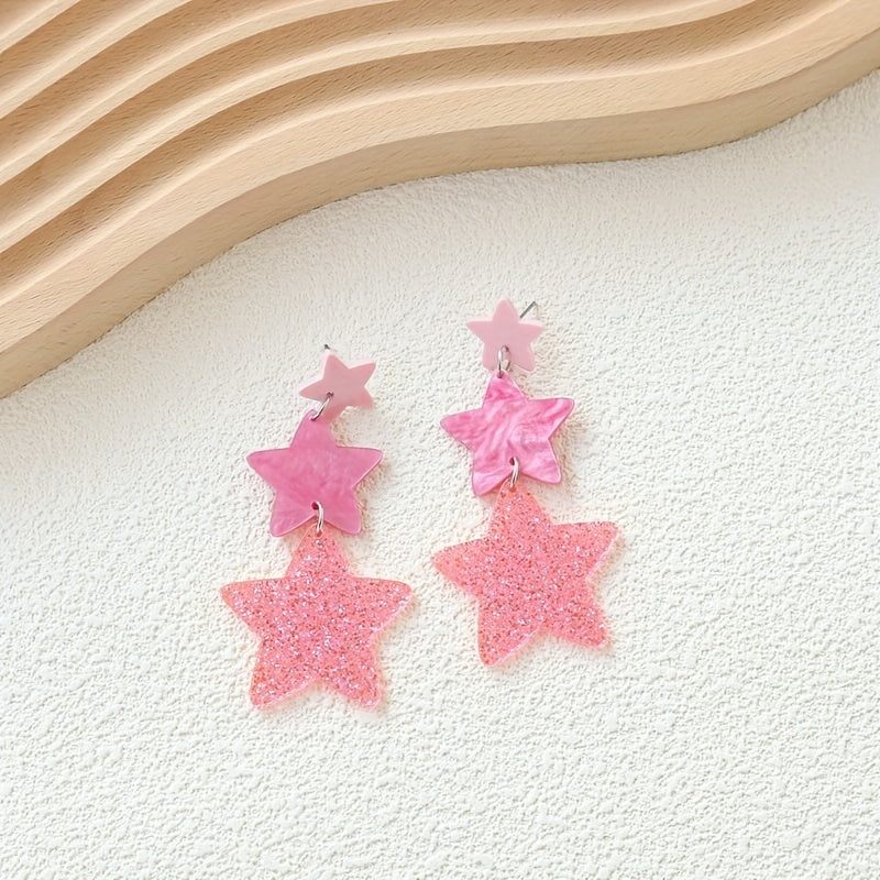 Pink Pentagram Pendant Cute Dangle Earrings Acrylic Jewelry Exquisite Gift For Women Girls Daily Casual