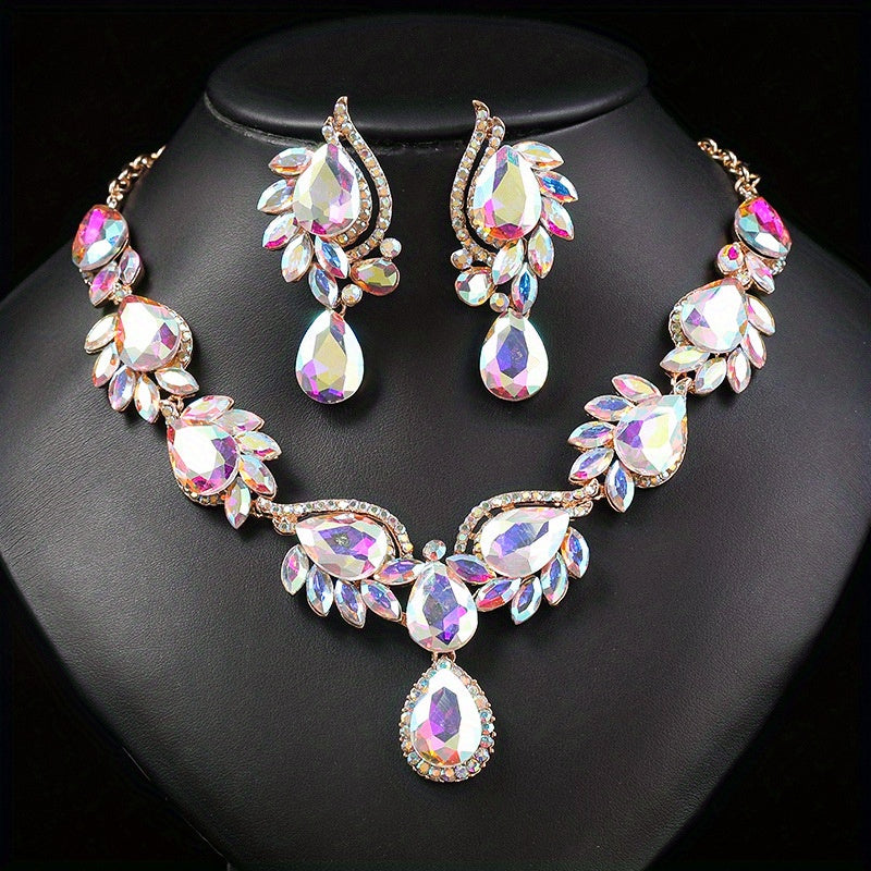 3pcs Earrings Plus Necklace Luxury Jewelry Set Inlaid Colorful Rhinestone Flower Design Stunning Party Accessories Wedding Jewelry