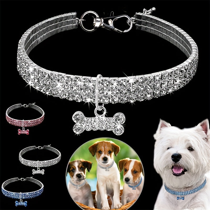 3 Rows Rhinestones Necklace Pet Cat Dog Collar Rhinestone Bone Pendant Jewelry Party Wedding Accessories