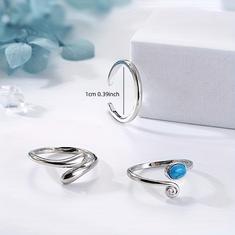 3pcs Toe Rings Set Open Band Rings Comfort-Fit Adjustable Toe Rings For Women Turquoise Moonstone Summer Barefoot Jewelry