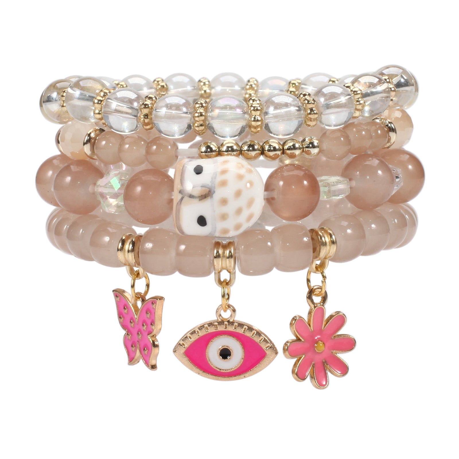 Bohemian Multicolor Beaded Bracelet Set with Butterfly, Flower and Eye Pendants