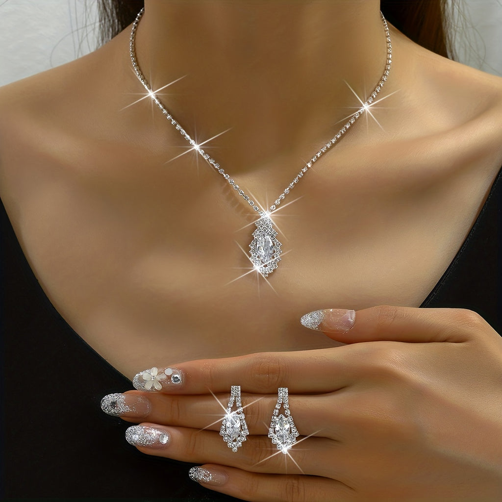 3pcs Earrings Plus Necklace Elegant Jewelry Set Silver Plated Inlaid Rhinestone Perfect Evening Party Cocktail Party Decor Perfect Birthday Gift For Female