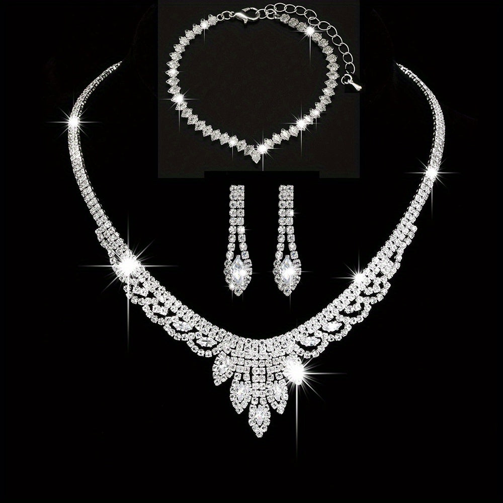 Elegant Zircon Jewelry Set - Silver Plated Necklace, Earrings, and Bracelet for Weddings, Engagements, and Holidays - Perfect Gift for Brides and Women