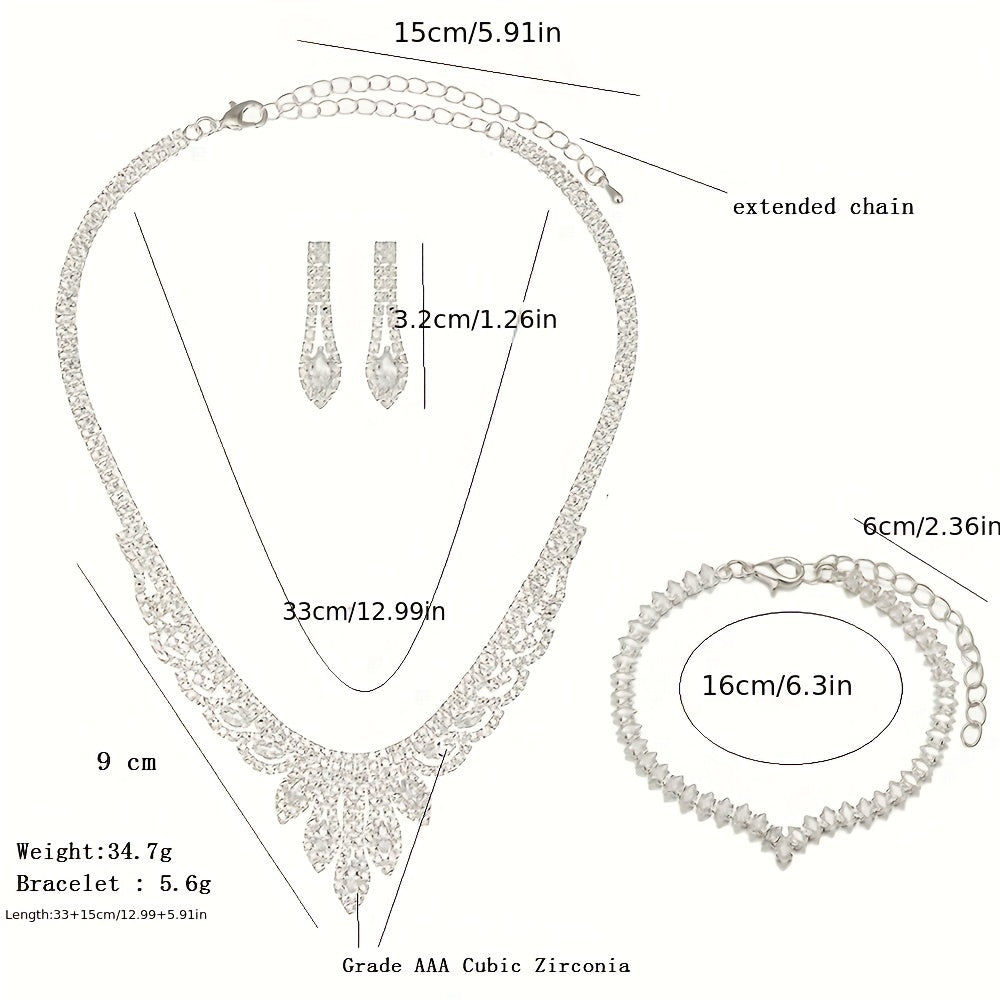 Elegant Zircon Jewelry Set - Silver Plated Necklace, Earrings, and Bracelet for Weddings, Engagements, and Holidays - Perfect Gift for Brides and Women