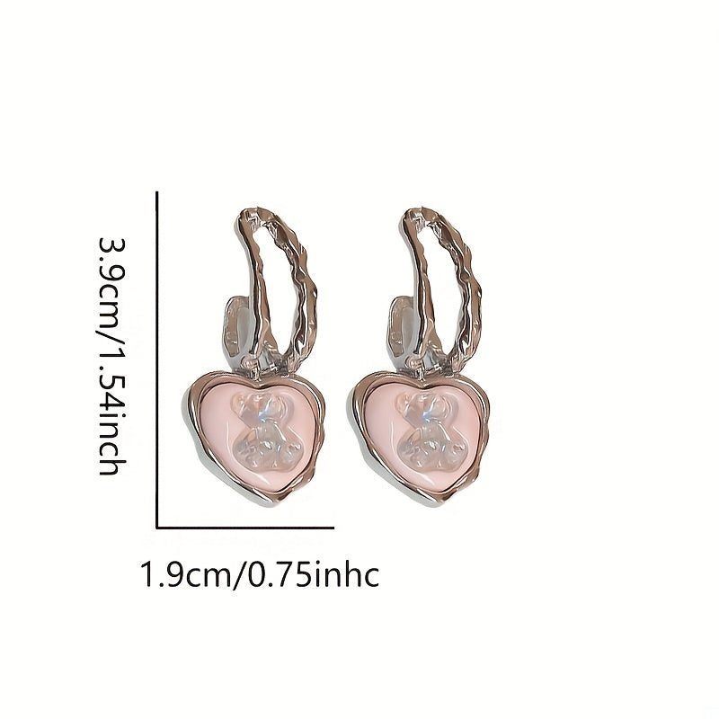 Pink Heart With Bear Decor Dangle Earrings Cute Coquette Style Alloy Jewelry Adorable Gift For Lovers