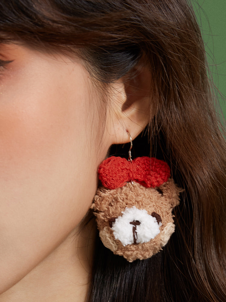 LB Hand Crochet "Teddy Bear" Earrings "Bow Bear" Ear Clip LOJL91