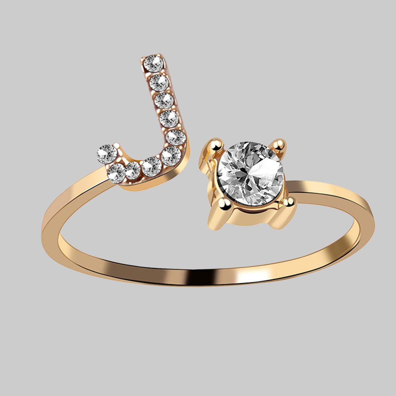 Shine Bright with Our Golden Zircon and Rhinestone Studded 26 Letters Open Adjustable Ring - Perfect Gift for Women
