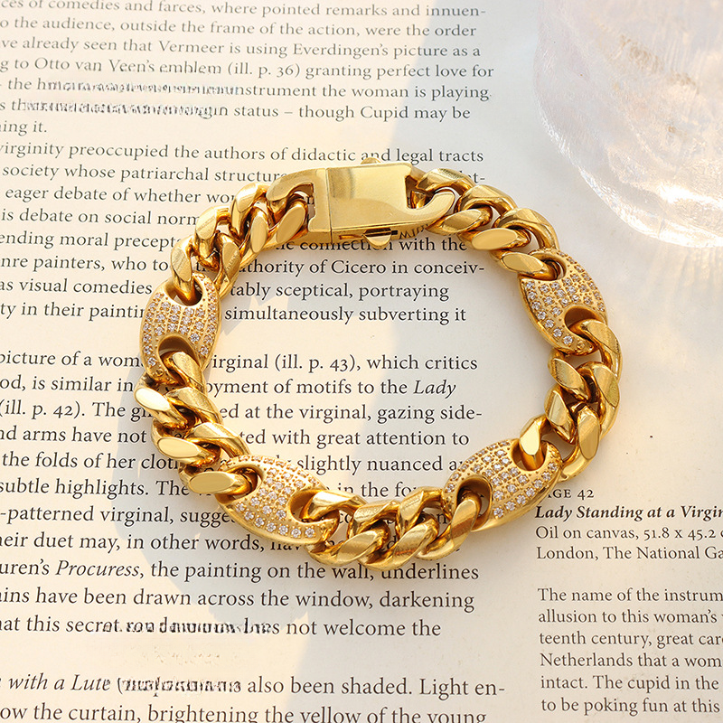 Zircon inlaid titanium steel gold plated thick chain solid bracelet