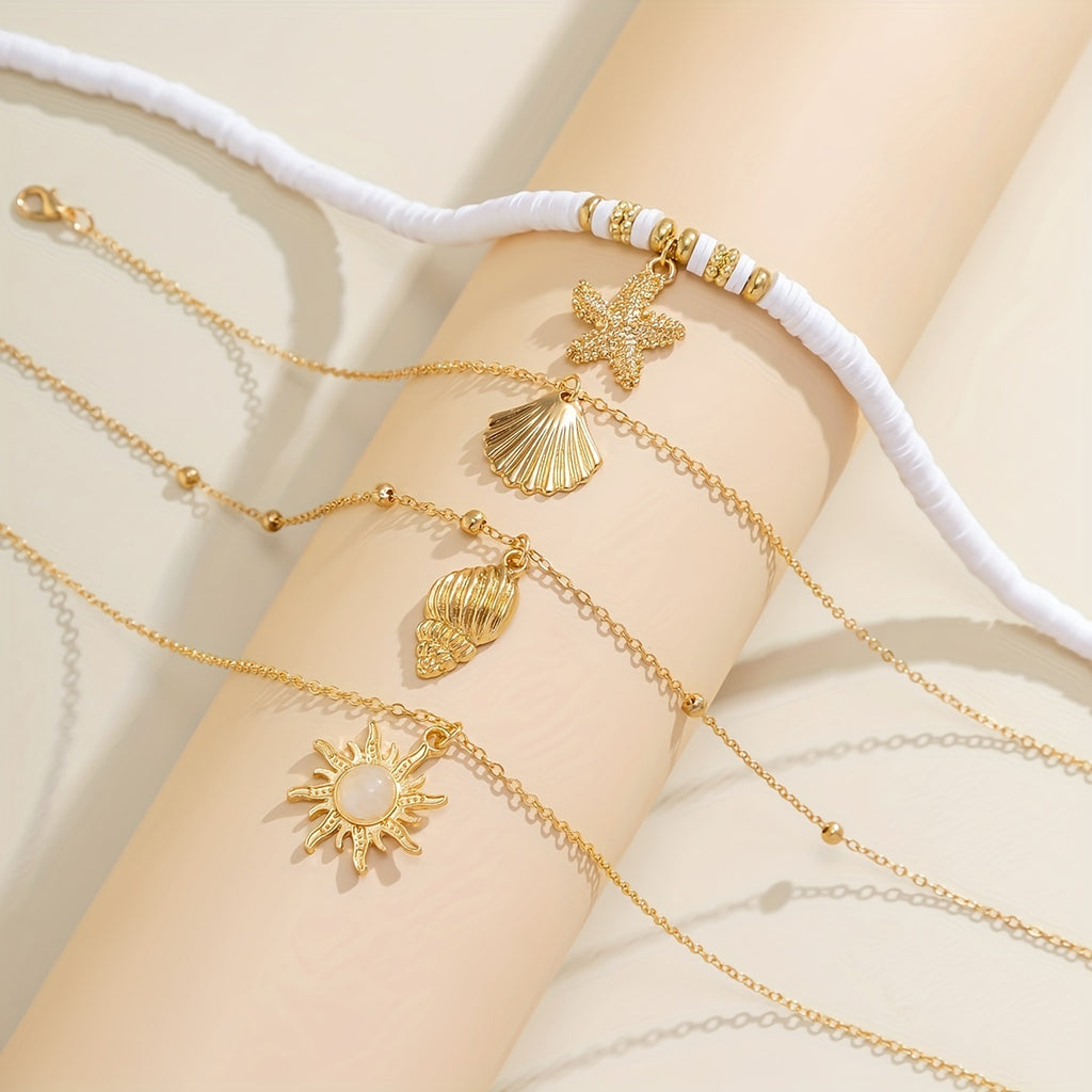 4pcs/Set Retro Exaggerated Soft Pottery Pendant Sunflower Starfish Multilayer Stacking Necklace