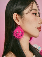 LB Hand Hook  "Smiling Face" Earrings "round Plush" Ear Clip LOJL95