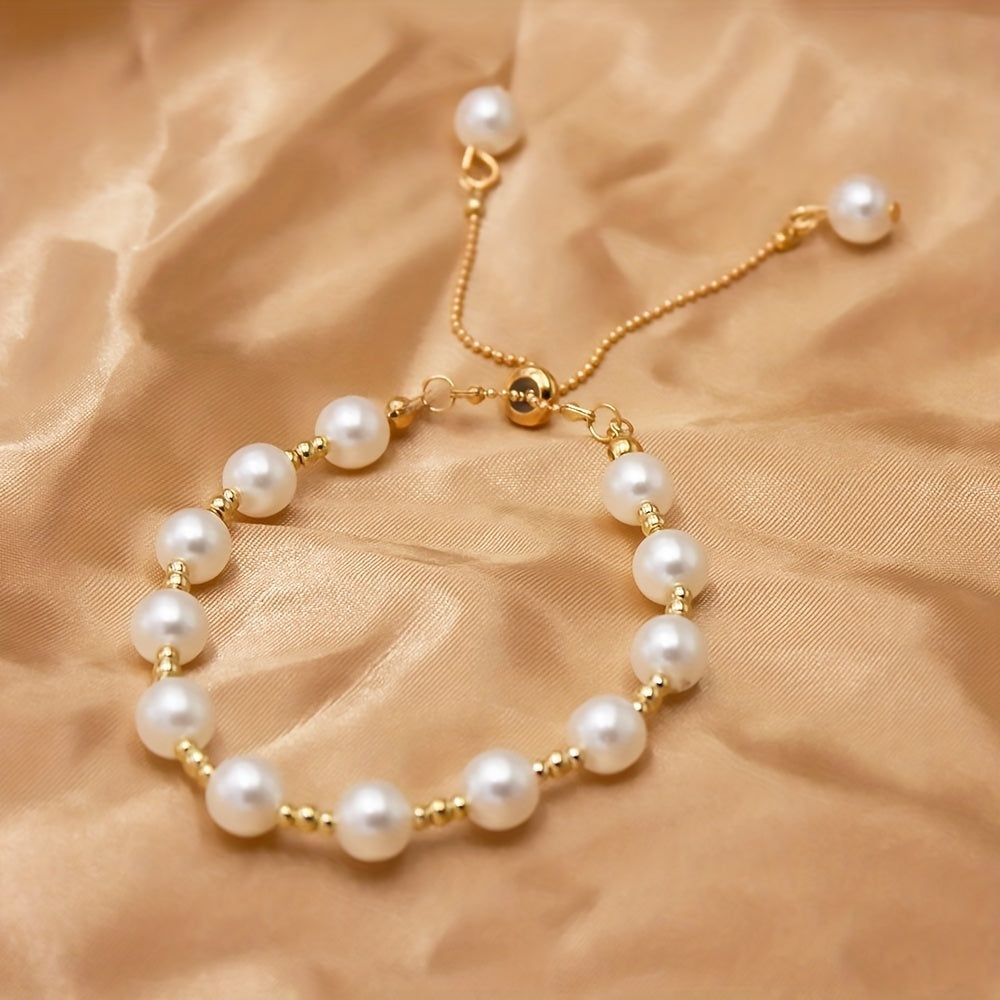 Faux Pearls Beaded Bracelet Adjustable Hand Jewelry For Women & Girls 1 Pc