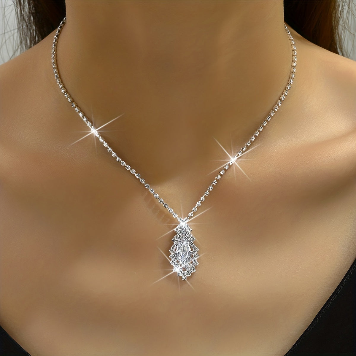 3pcs Earrings Plus Necklace Elegant Jewelry Set Silver Plated Inlaid Rhinestone Perfect Evening Party Cocktail Party Decor Perfect Birthday Gift For Female