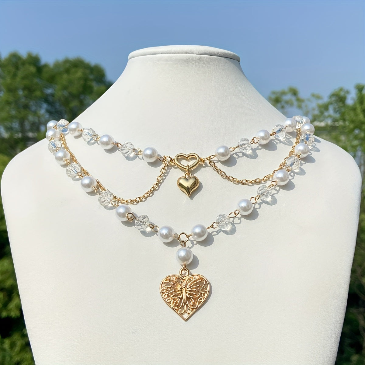 Vintage Style Multicolor Multilayer Tassel Faux Pearl Crystal Hollow Love Charm Butterfly Pendant Necklace For Girls