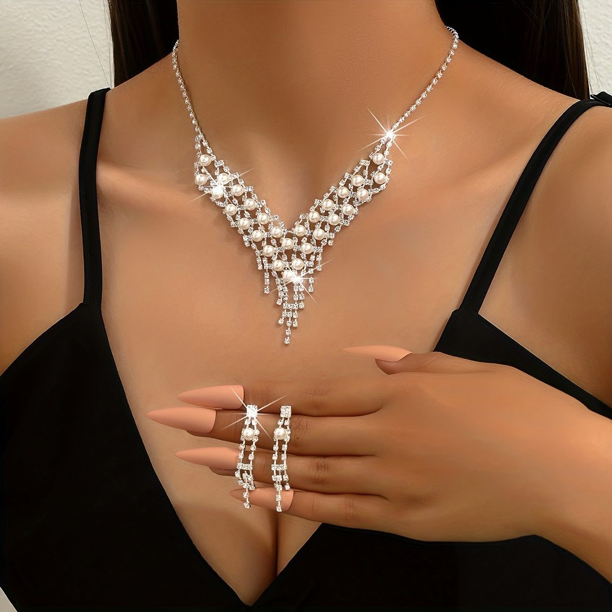 Elegant Bridal Rhinestone Jewelry Set - V-Shape Charm Necklace and Dangle Earrings for Women and Girls