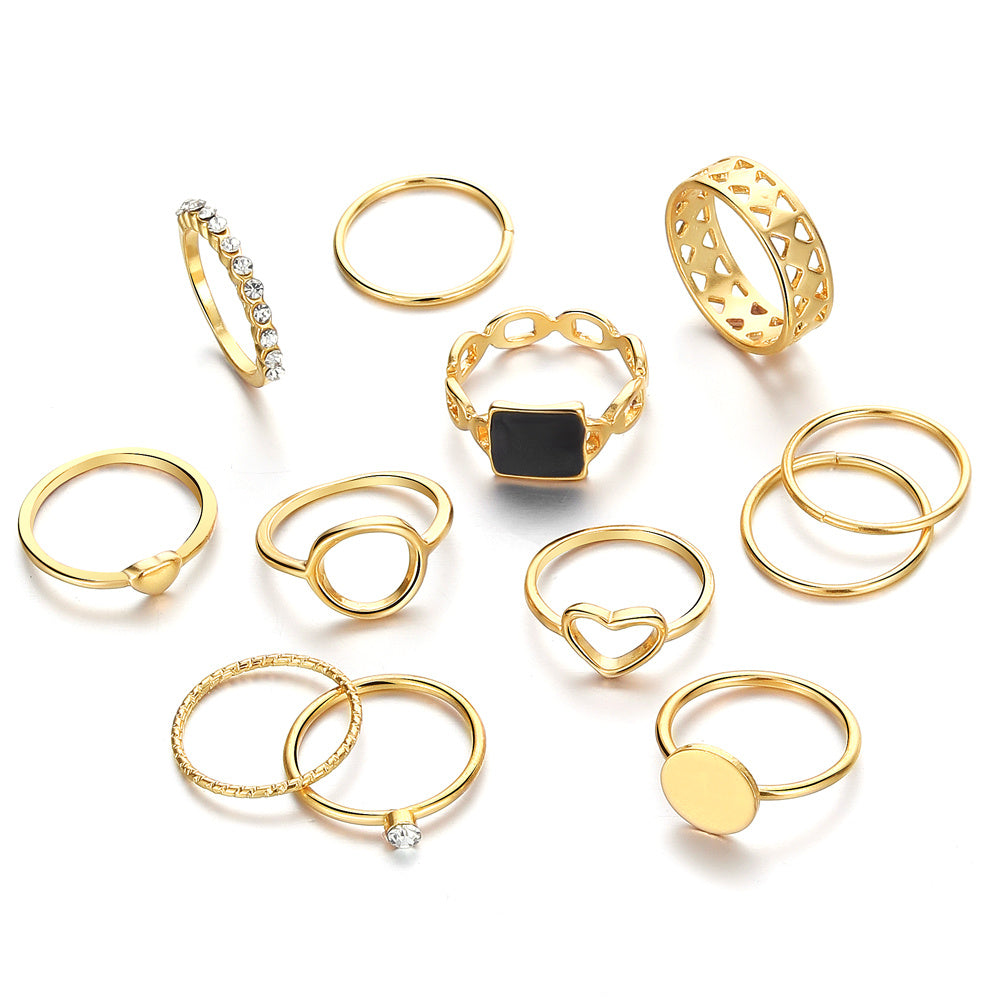 Shine Bright with 12pcs Personality Golden Hollow Love Geometric Circle Rhinestone Joint Ring Set for Women and Girls - Perfect Party Favors and Birthday Gift