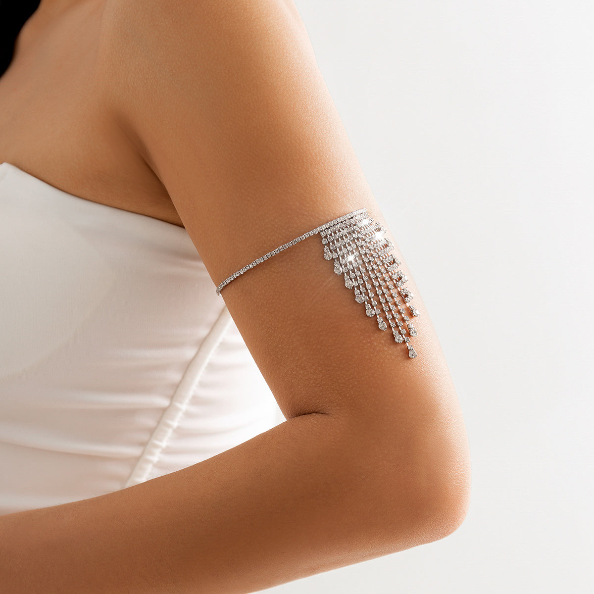 Sparkling Rhinestone Tassel Arm Bracelet - Adjustable Open Cuff Jewelry for a Sweet Look