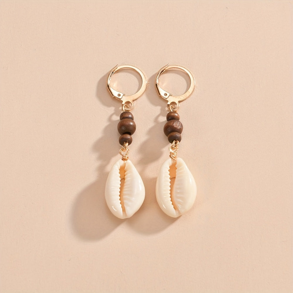 Add a touch of vintage elegance with our Seashell Dangle Wooden Bead Earrings for Women
