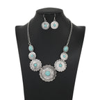 Vintage Native Green Flower Embedded Resin Necklace Earrings Set - Perfect for Summer!