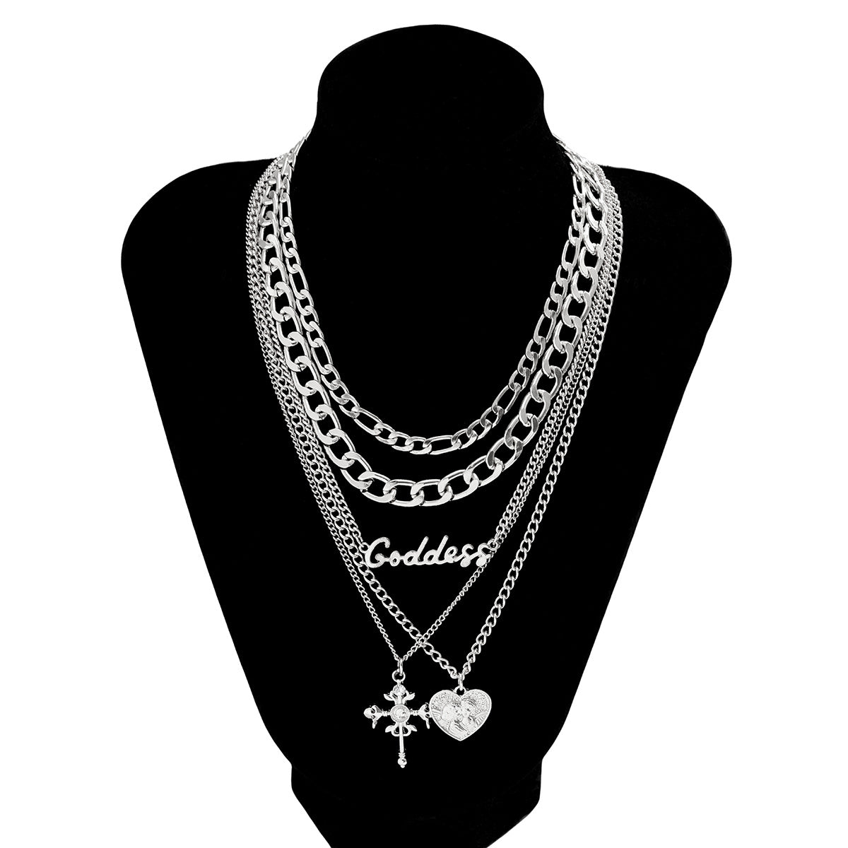 5 Pcs Vintage Stackable Necklace Heart & Cross Shape Pendant Adjustable Necklace Hip Hop Jewelry Set