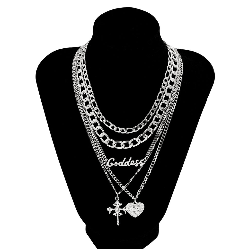 5 Pcs Vintage Stackable Necklace Heart & Cross Shape Pendant Adjustable Necklace Hip Hop Jewelry Set