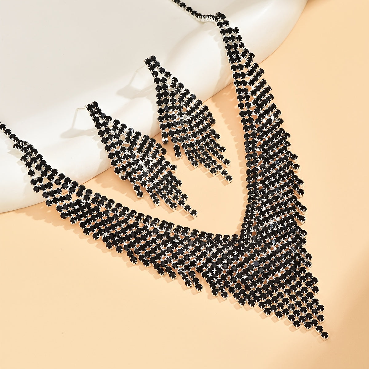 Women's Jewelry Black Rhinestone Tassel Necklace Earrings 2pcs/Set