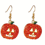 Halloween Pumpkin Design With Orange Shiny Rhinestone Decor Dangle Earrings Retro Simple Style Zinc Alloy Jewelry Female Gift