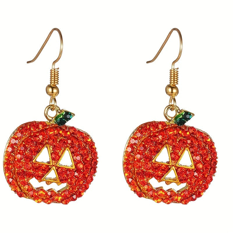 Halloween Pumpkin Design With Orange Shiny Rhinestone Decor Dangle Earrings Retro Simple Style Zinc Alloy Jewelry Female Gift