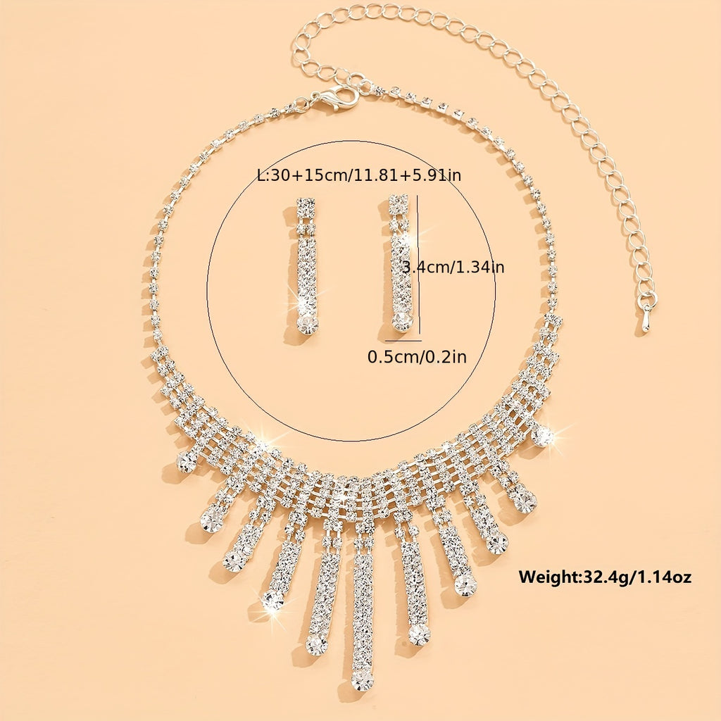 3pcs Earrings Plus Necklace Elegant Jewelry Set Silver Plated Inlaid Rhinestone Long Tassel Design Dainty Evening Party Decor