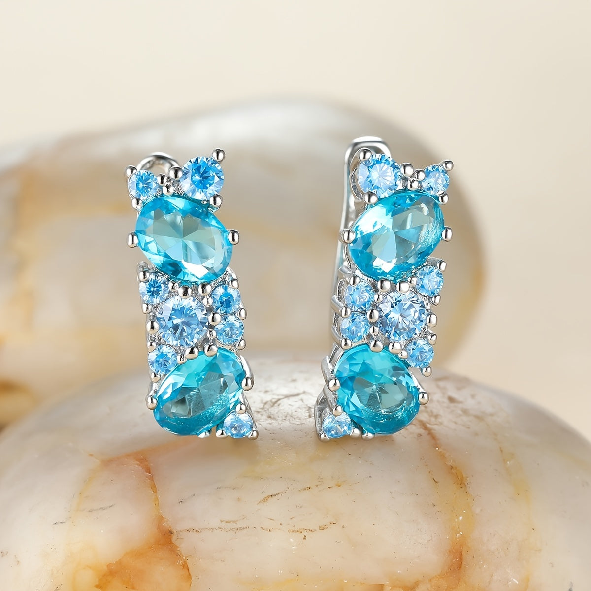 Gorgeous Silver Engagement Earrings with Luxurious Aqua Blue Zircon Stones - Perfect for Any Special Occasion!