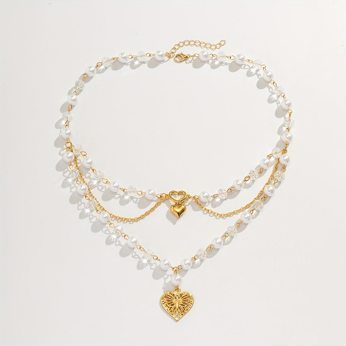 Vintage Style Multicolor Multilayer Tassel Faux Pearl Crystal Hollow Love Charm Butterfly Pendant Necklace For Girls