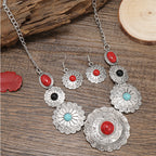 Vintage Native Green Flower Embedded Resin Necklace Earrings Set - Perfect for Summer!