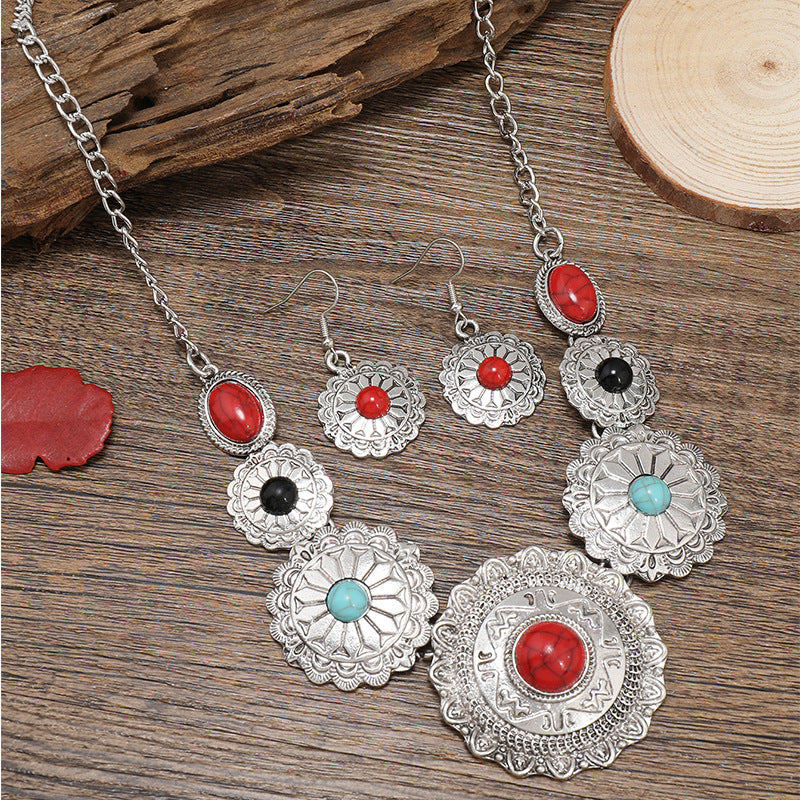 Vintage Native Green Flower Embedded Resin Necklace Earrings Set - Perfect for Summer!