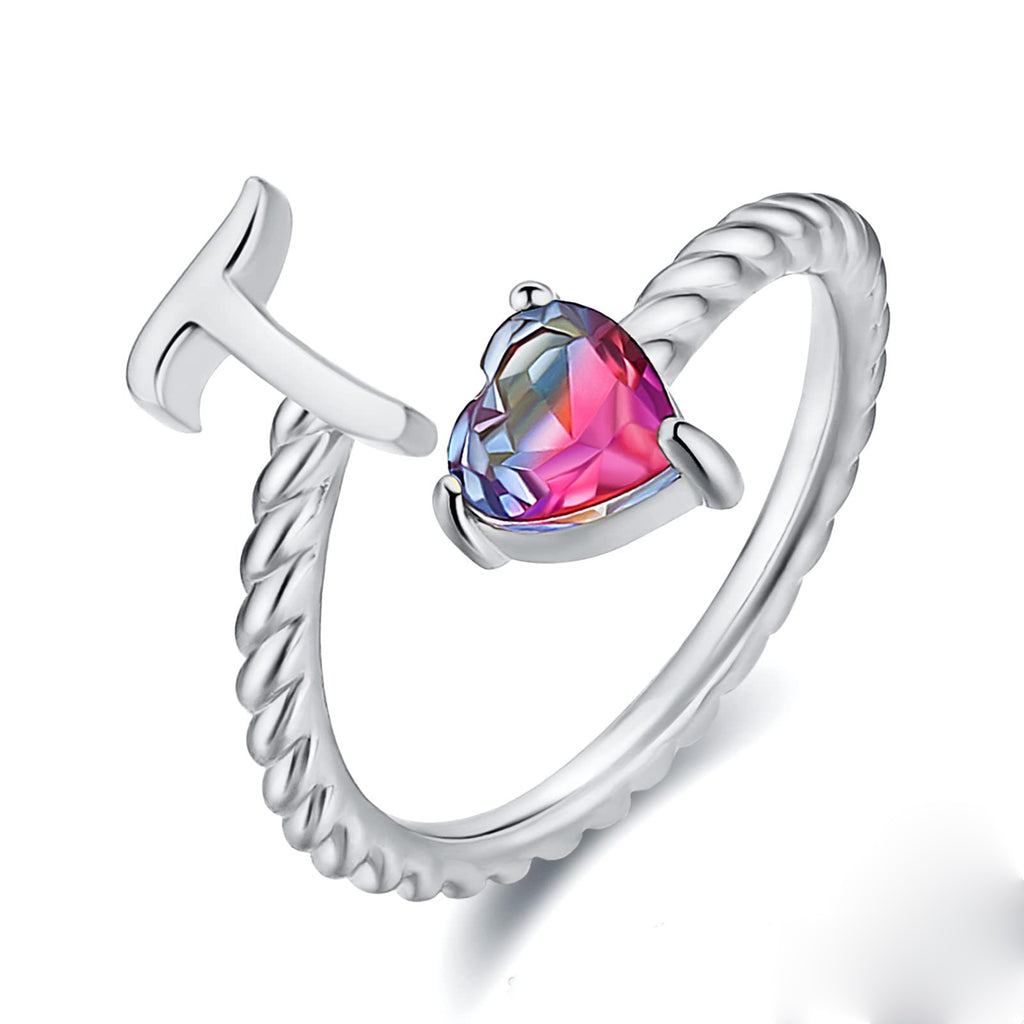 Adjustable A To T Initial Letter Ring 18K Gold Plated Zircon Rings For Women White Gold Plated